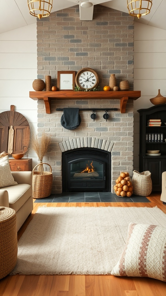 Cozy farmhouse living room featuring a black fireplace, light-colored sofa, and natural decor elements.