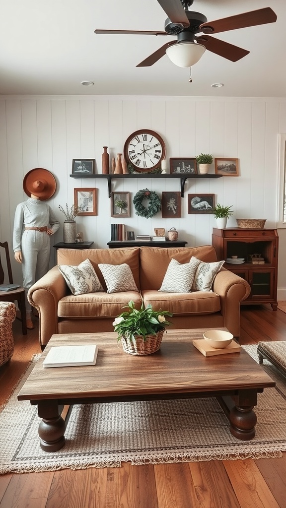 Living room with a brown couch, rustic decor, and a wooden coffee table