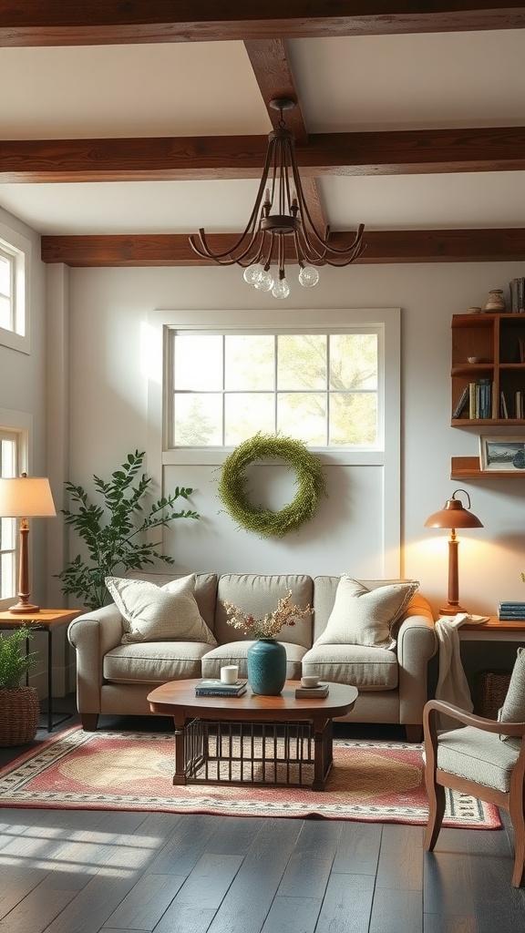 A cozy farmhouse living room with a chandelier, wooden beams, and warm lighting