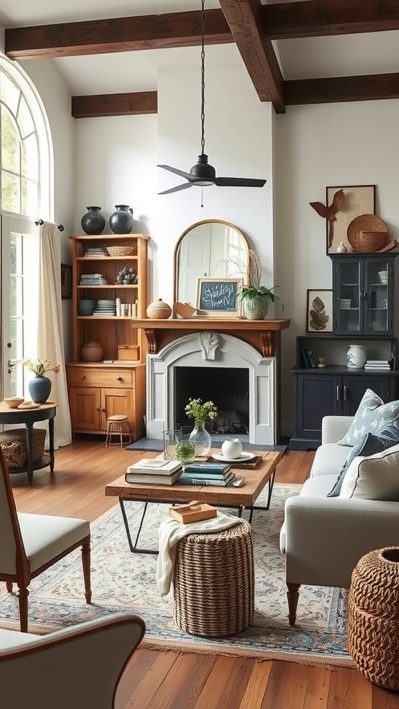 A cozy living room featuring wooden beams, a stone fireplace, and a mix of modern and farmhouse decor.