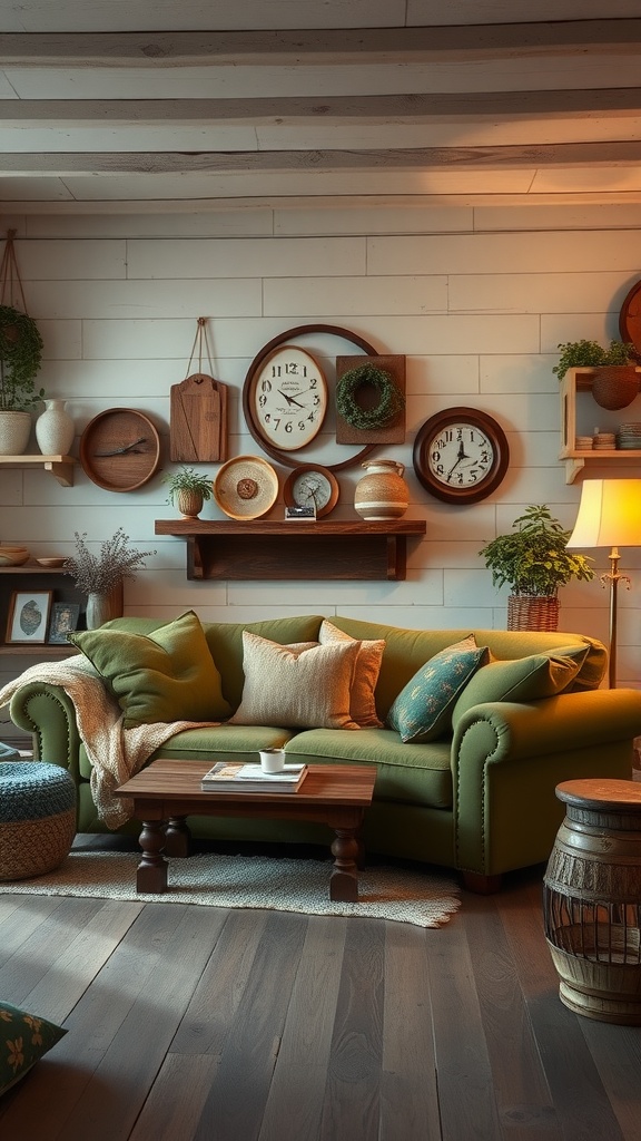 Cozy farmhouse living room featuring a green sofa with decorative pillows and rustic decor.