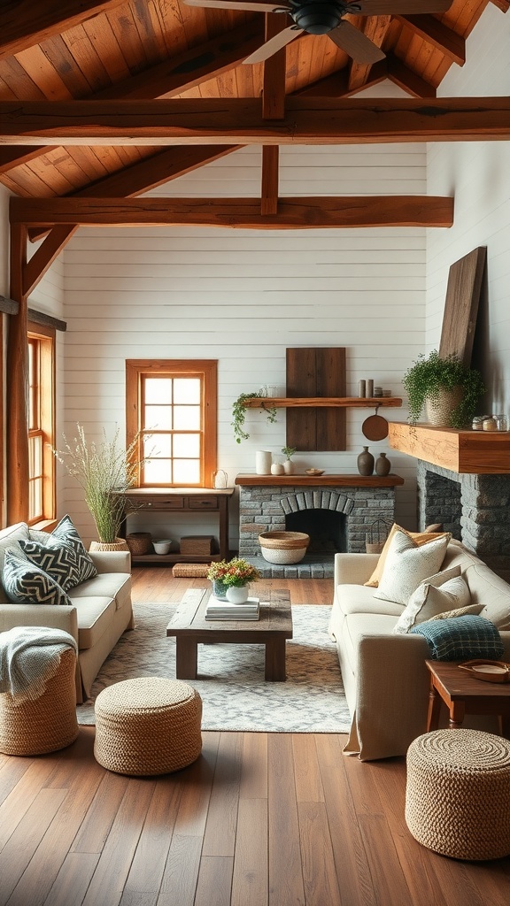 A cozy farmhouse-style living room with wooden beams, plush sofas, and rustic decor.