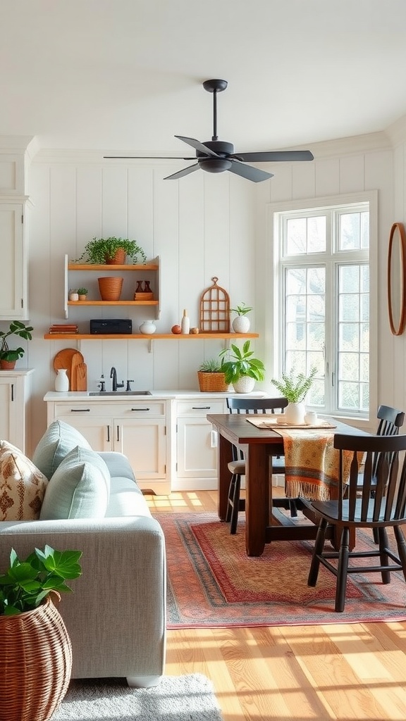 A bright and cozy farmhouse dining nook with a wooden table, black chairs, a comfortable sofa, and plants adorning the shelves.