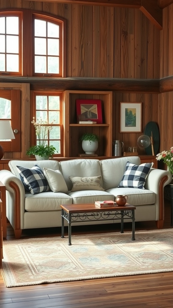 Cozy farmhouse living room with a light-colored sofa, checkered throw pillows, and wooden accents.