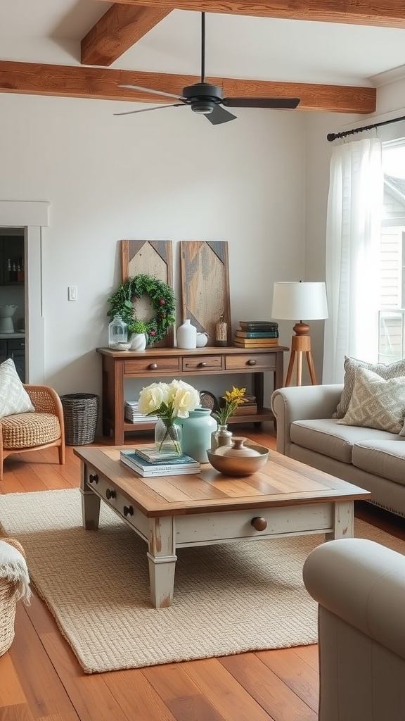 A cozy living room featuring a farmhouse style coffee table with a light and dark wood finish, surrounded by comfortable seating and natural decor.