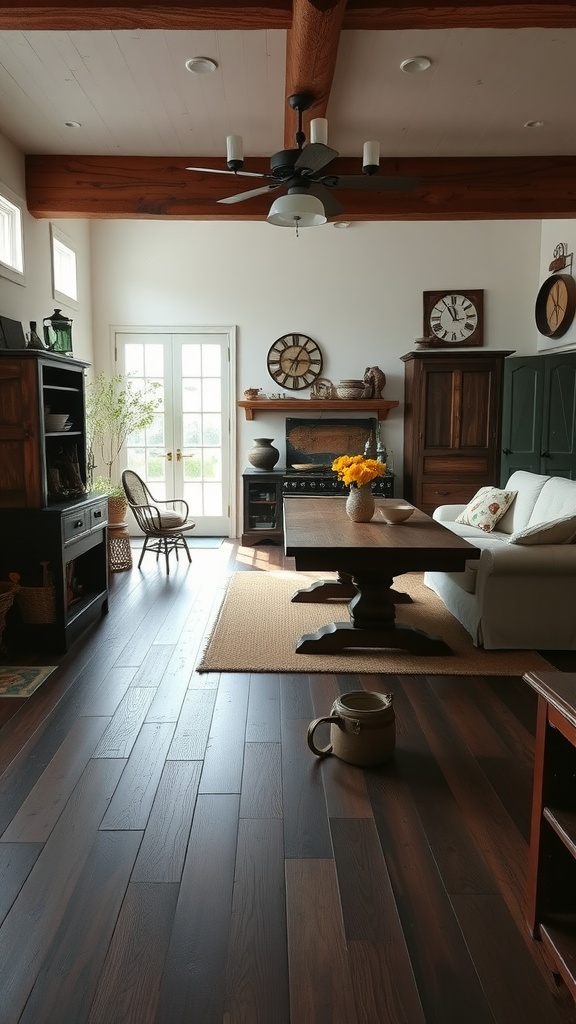 A cozy farmhouse living room featuring dark plank floors, a wooden table, and light-colored walls