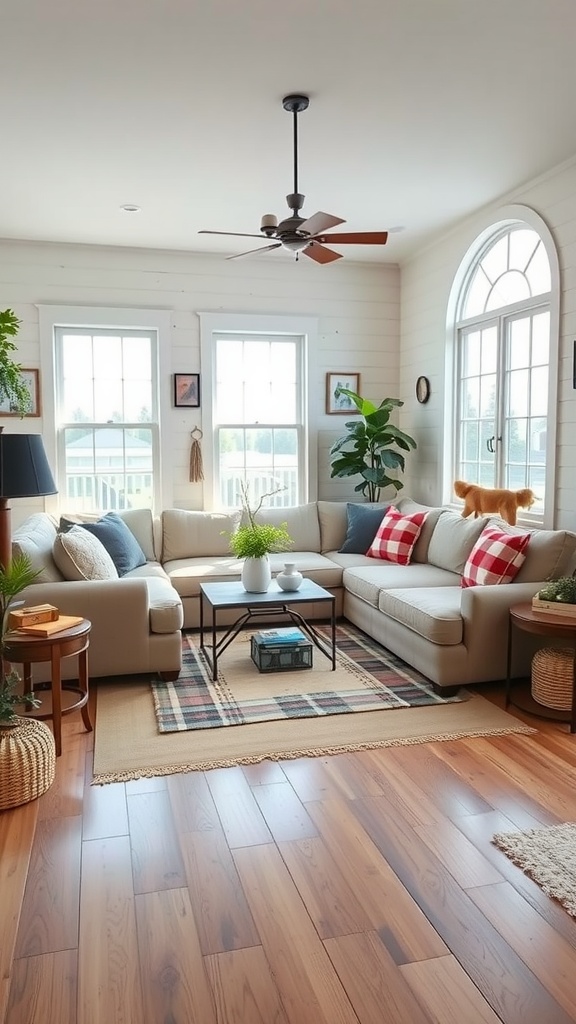 A cozy farmhouse style sunken living room with a sectional couch, coffee table, plants, and large windows.