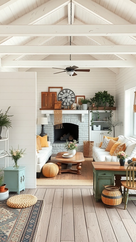 A bright farmhouse style living room featuring white sofas, wooden furniture, and rustic decorations.