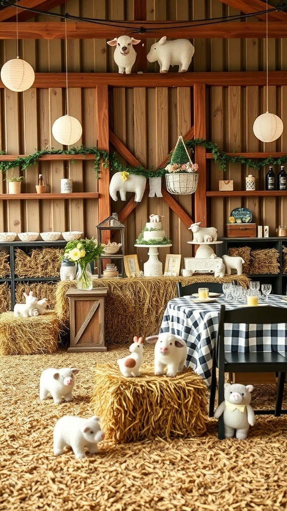 Decorative setup for a farmyard themed baby shower with plush farm animals and rustic elements