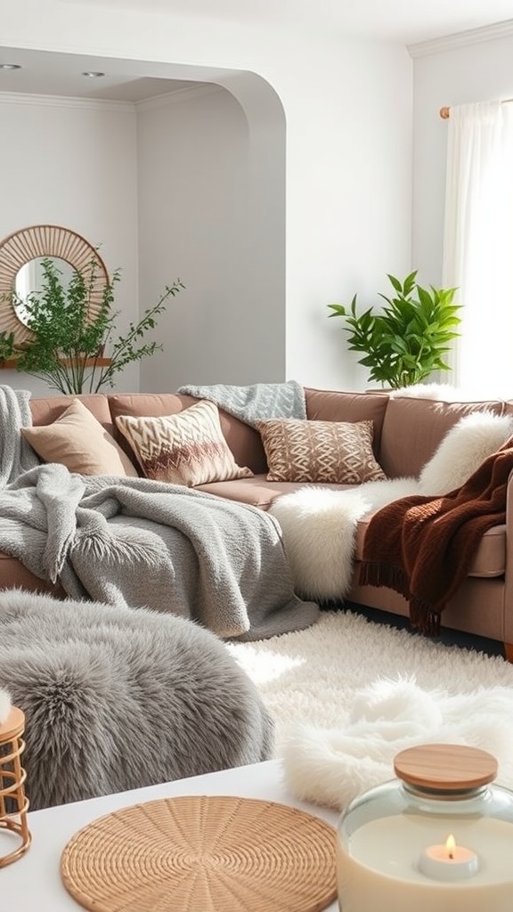 Cozy living room with faux fur accents, including blankets and pillows, along with soft lighting and plants.