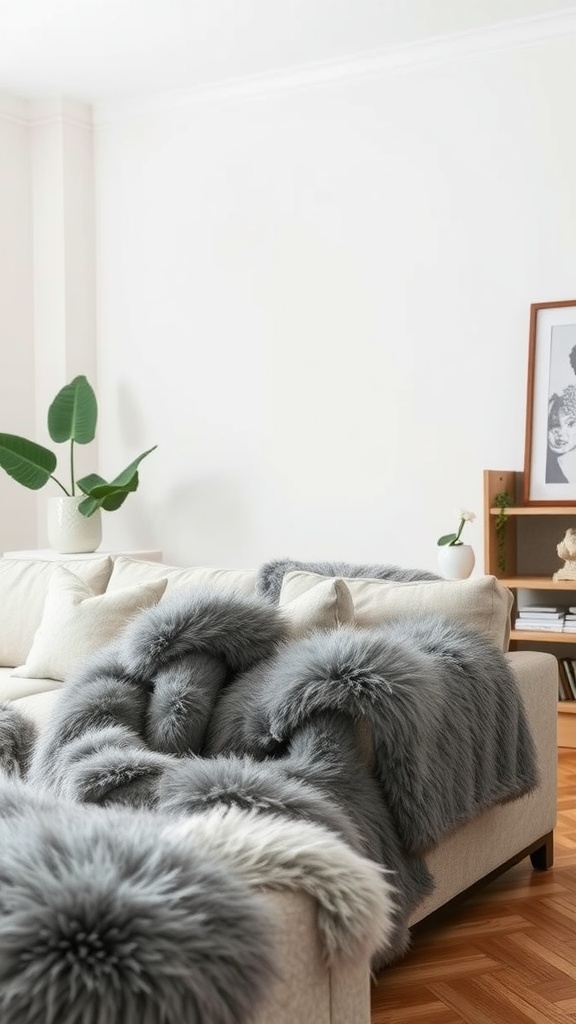 A cozy light-colored sofa adorned with grey faux fur throws, creating a warm and inviting living room atmosphere.