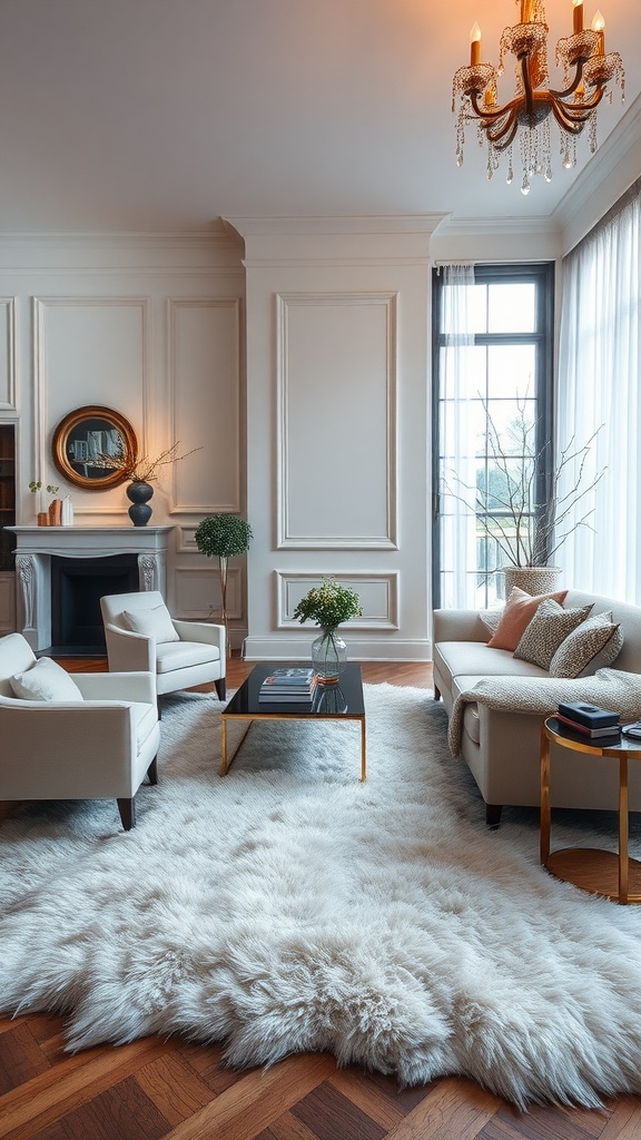 A cozy living room with a plush faux fur rug, elegant furniture, and warm lighting.