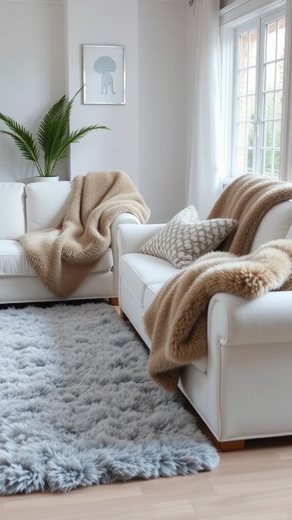 A cozy living room featuring white couches adorned with faux fur throws, a fluffy gray rug, and a green plant.