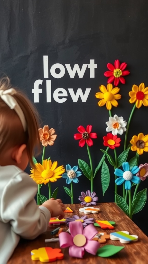 A child arranging colorful felt flowers on a table with a vibrant flower backdrop.