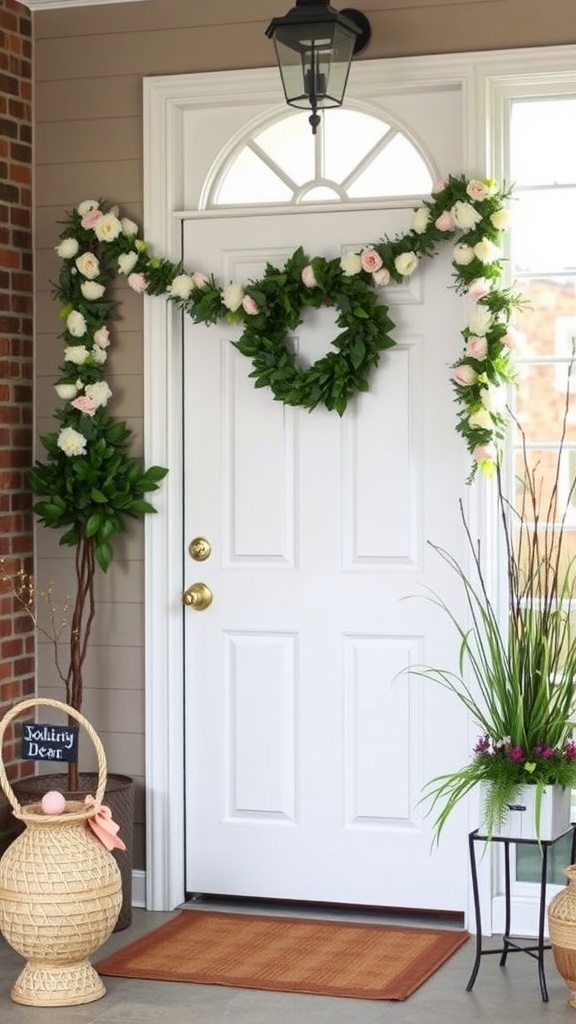 A spring-themed garland made of pink roses and green leaves hanging above a white door.