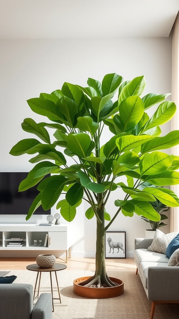 A large Fiddle Leaf Fig plant in a bright living room, adding greenery and style to the space.