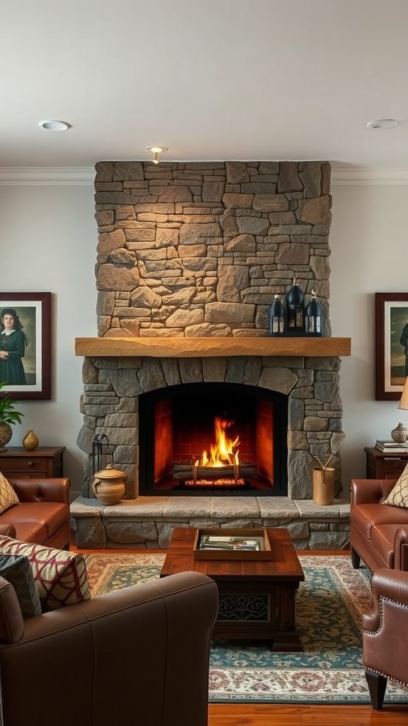 A cozy living room featuring a stone fireplace with a warm fire, surrounded by comfortable seating and decorative items on the mantel.