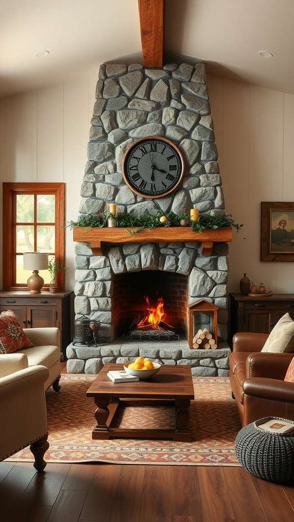 A cozy living room featuring a stone fireplace as the focal point, with warm wooden details and comfortable seating.