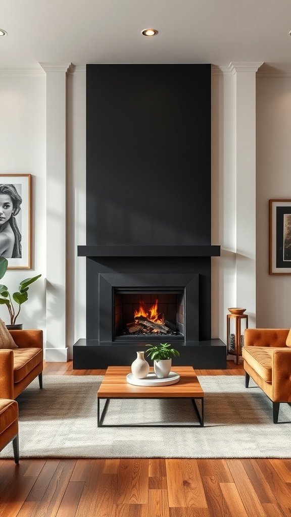 A cozy living room featuring a black fireplace, tan seating, and a wooden coffee table with a potted plant, creating a warm and inviting atmosphere.