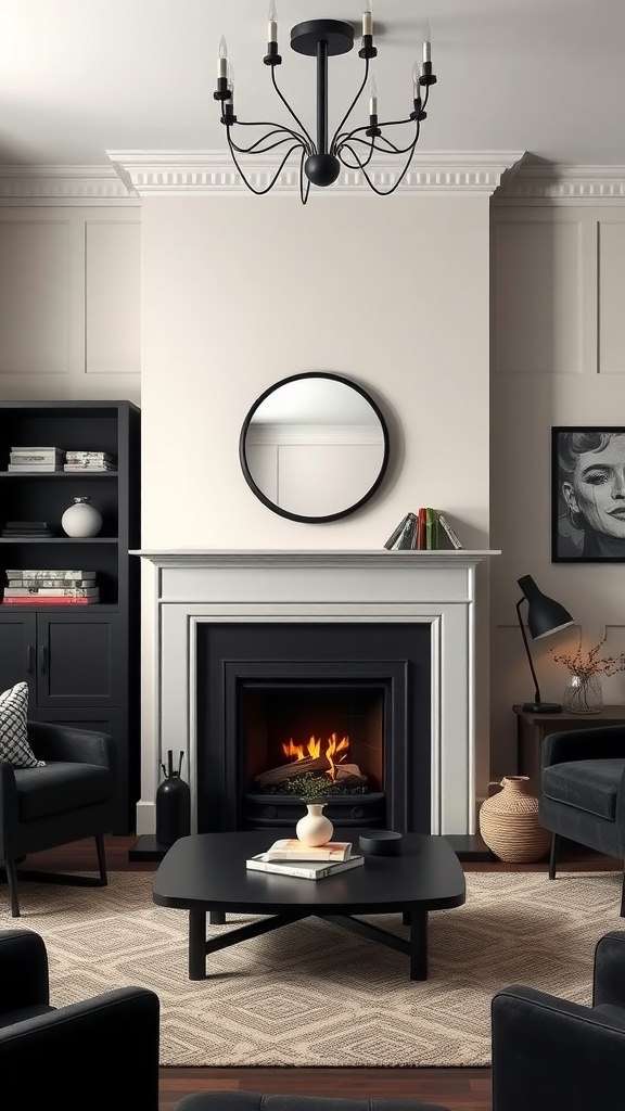 A stylish living room featuring a black and cream color scheme with a warm fireplace as the focal point.