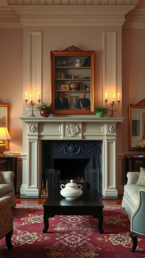 Elegant formal living room with a prominent fireplace, decorated mantel, and cozy furnishings.