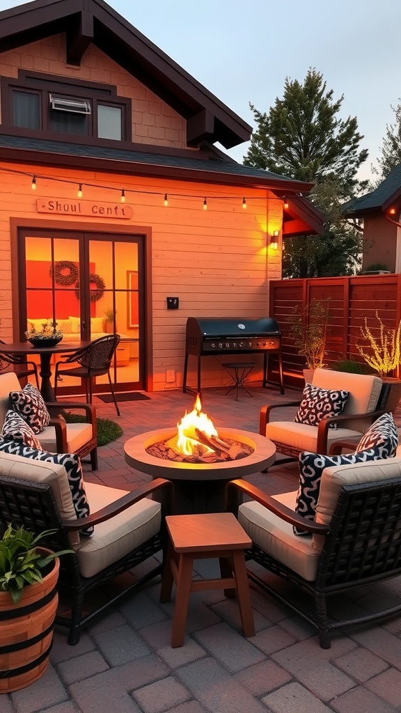 Cozy outdoor fireplace lounge area with chairs and a fire pit