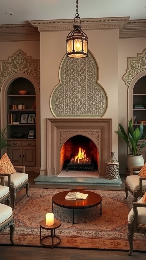 A cozy Moroccan living room featuring an artisan fireplace with intricate designs, surrounded by comfortable seating and decorative elements.