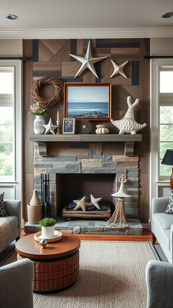 Coastal living room fireplace with stonework, nautical decor, and ocean-themed artwork