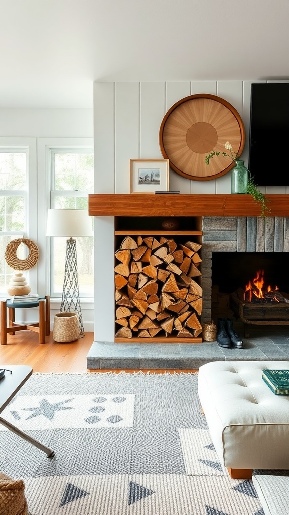 Cozy living room with stacked firewood next to a fireplace, showcasing ranch-style decor.