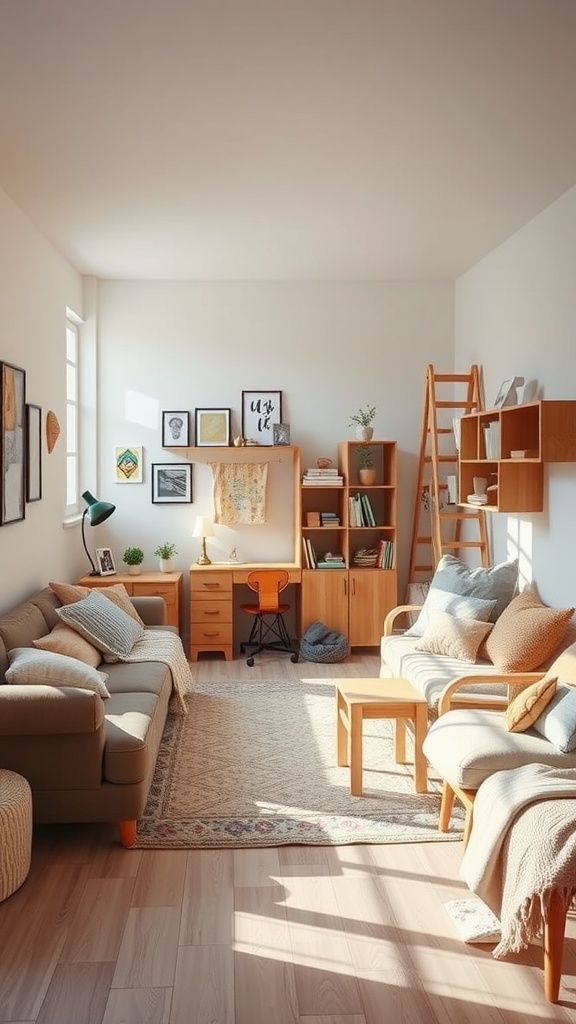 A small shared bedroom featuring a cozy layout with flexible furniture arrangements, including sofas, chairs, and shelving.