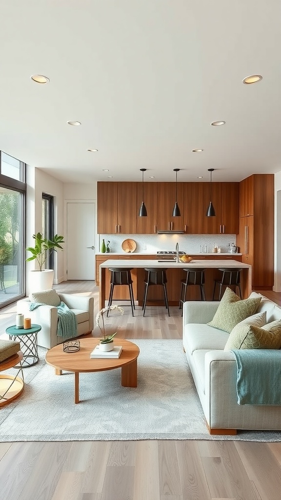 An open kitchen and living room layout with modern furniture and a cozy atmosphere.