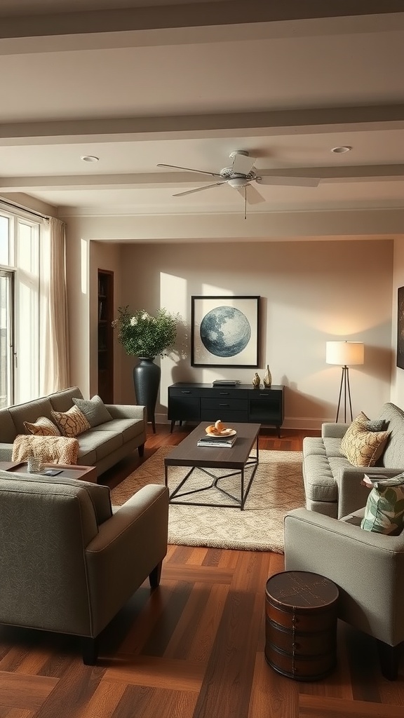 A cozy living room featuring flexible seating arrangements with two sofas, an armchair, a coffee table, and warm lighting.