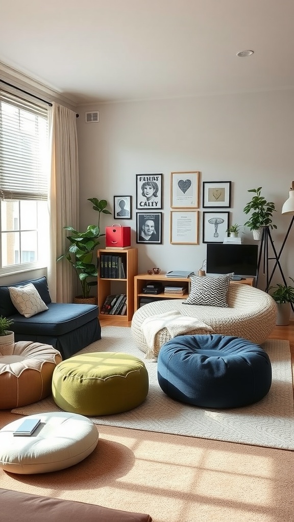 A dorm living room featuring flexible seating solutions like colorful poufs and a low couch, decorated with plants and artwork.