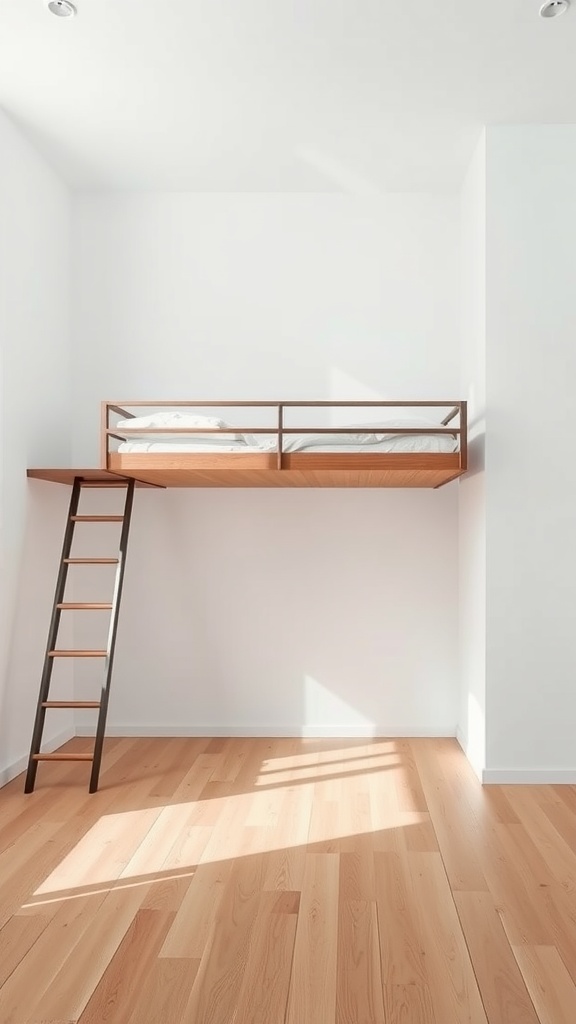 Floating loft bed with a minimalist design, featuring a wooden frame and black ladder in a bright room.