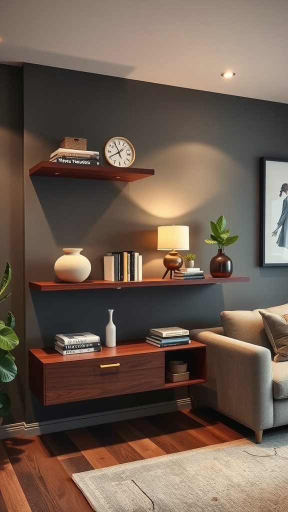 A living room featuring floating nightstand shelves with books, a lamp, and decorative items.