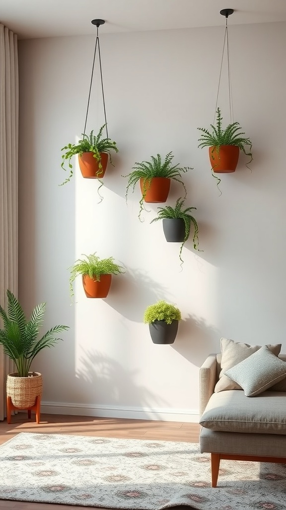 A living room wall decorated with floating plants in hanging pots.