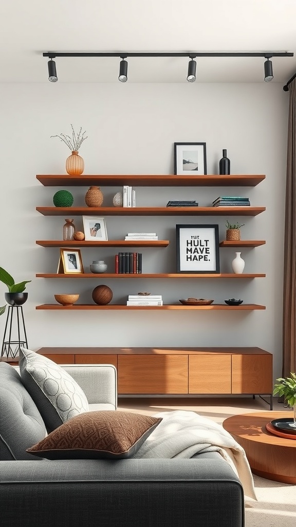 A living room featuring floating shelves with decorative items and track lighting.