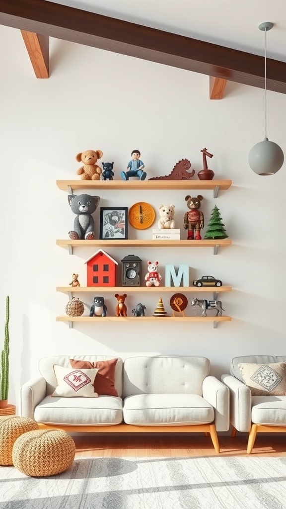 A bright living room with floating shelves displaying various toys and decorative items.