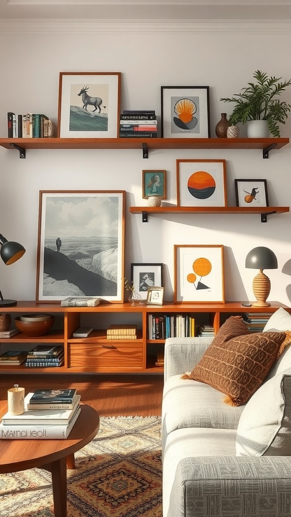 A living room featuring floating shelves decorated with framed artwork and stacked books.