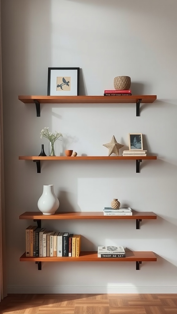 A set of wooden floating shelves displaying books, vases, and decorative items.