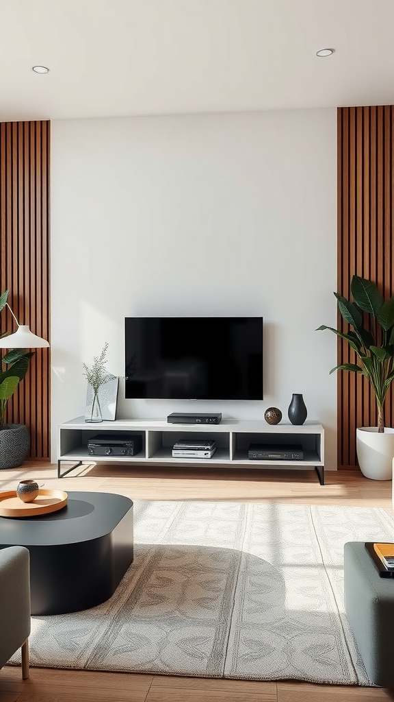 A stylish living room featuring a floating TV stand, a mounted TV, and decorative plants.