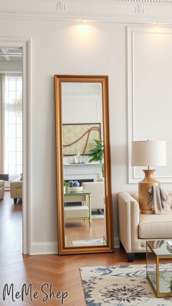 A stylish floor-length mirror with a wooden frame in a living room setting