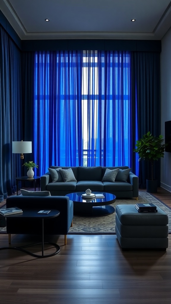 A living room featuring floor-to-ceiling blue curtains, a blue couch, and a coffee table.