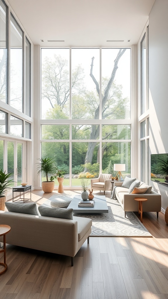 A modern living room featuring floor-to-ceiling windows with a view of greenery outside, complemented by minimalistic furniture.