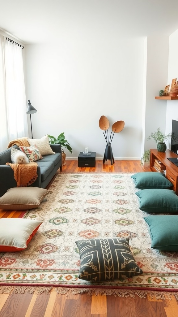 Cozy living room with a patterned rug and floor cushions arranged for relaxation.