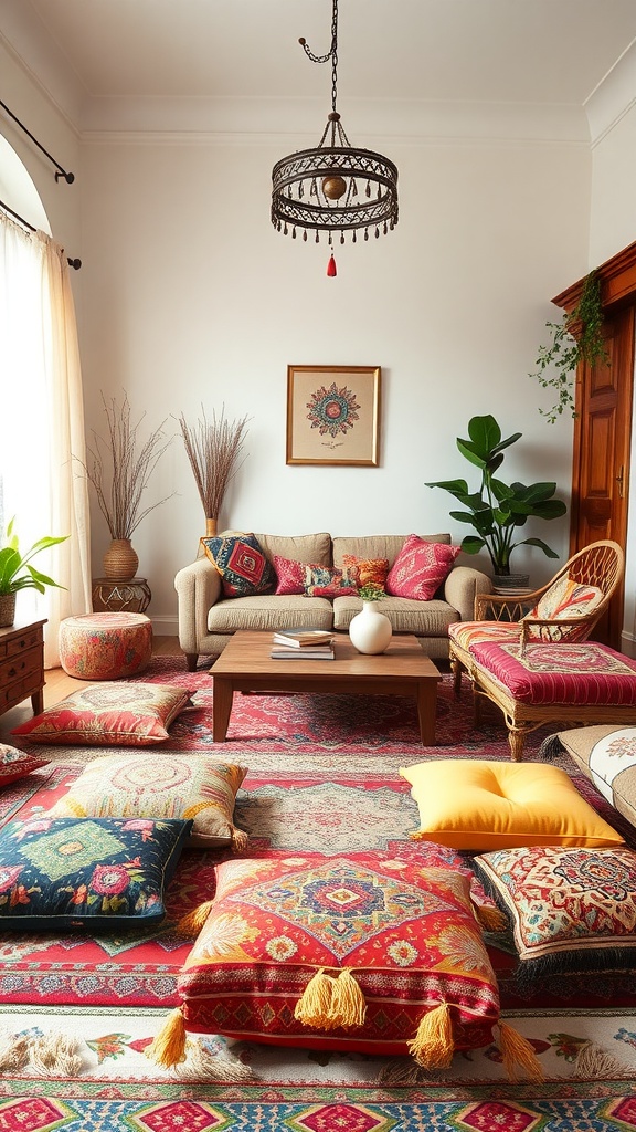 A cozy boho-style living room with colorful floor cushions on a patterned rug, inviting relaxed seating.