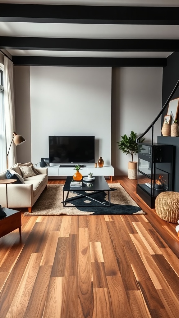 A modern living room with warm wood flooring, black and tan decor, and stylish furnishings.