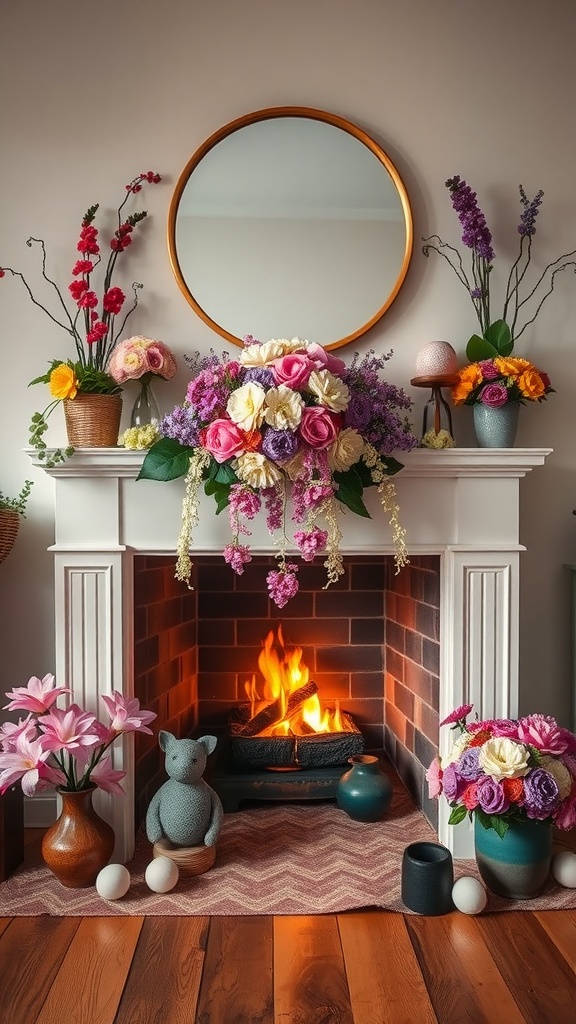 A spring-themed fireplace decorated with colorful floral arrangements and a cozy fire.