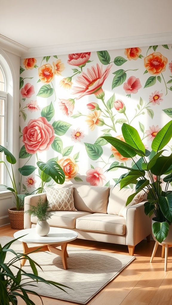 Living room with floral wallpaper, cream sofa, and indoor plants