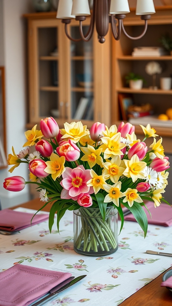 A vibrant floral centerpiece featuring pink tulips, yellow daffodils, and white daisies in a clear vase on a table with soft napkins.